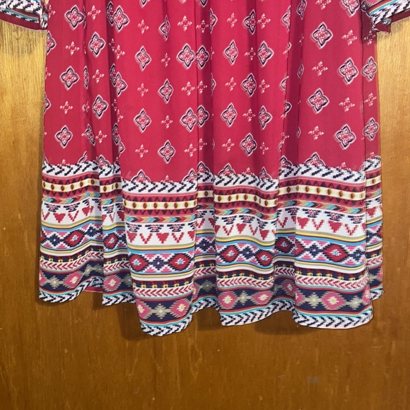 •RED CAMEL•RED LATTICE & KEYHOLE CHEST RIFFLE SLEEVE BOHO DRESS SIZE SMALL - Picture 8 of 10